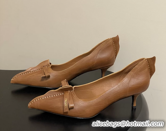 Grade Quality Prada Brown Antiqued Leather Exposed Seam Kitten Heel Pumps 55MM 6050804 Brown
