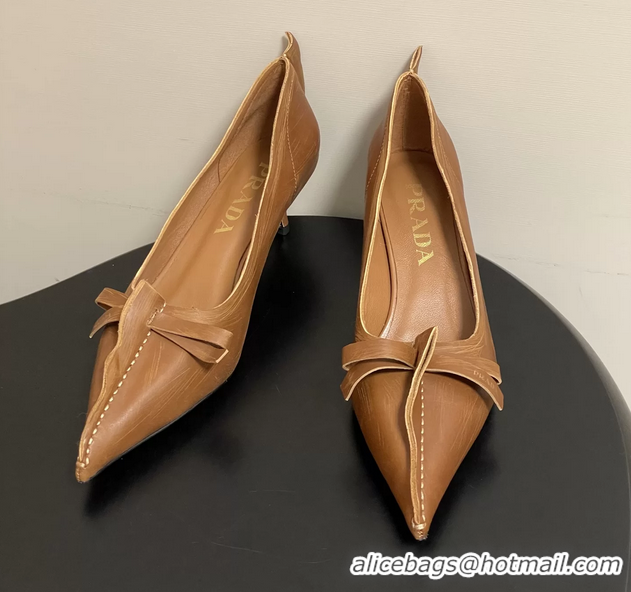 Grade Quality Prada Brown Antiqued Leather Exposed Seam Kitten Heel Pumps 55MM 6050804 Brown