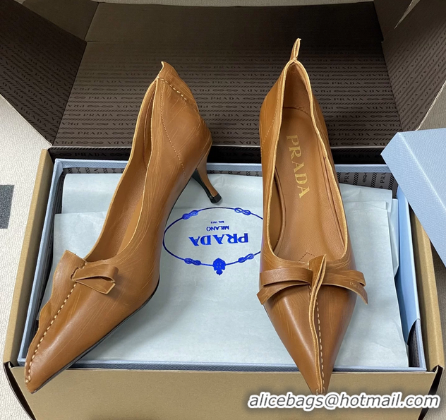 Grade Quality Prada Brown Antiqued Leather Exposed Seam Kitten Heel Pumps 55MM 6050804 Brown