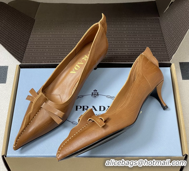 Grade Quality Prada Brown Antiqued Leather Exposed Seam Kitten Heel Pumps 55MM 6050804 Brown