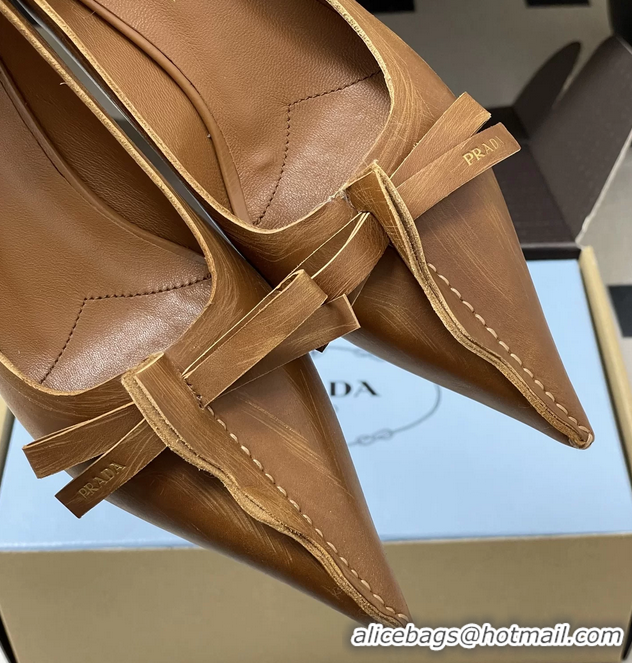 Grade Quality Prada Brown Antiqued Leather Exposed Seam Kitten Heel Pumps 55MM 6050804 Brown