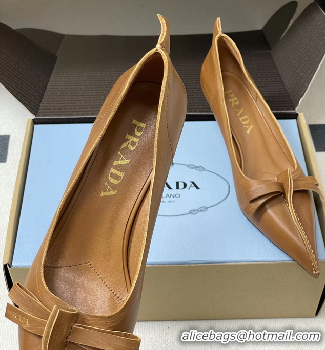 Grade Quality Prada Brown Antiqued Leather Exposed Seam Kitten Heel Pumps 55MM 6050804 Brown