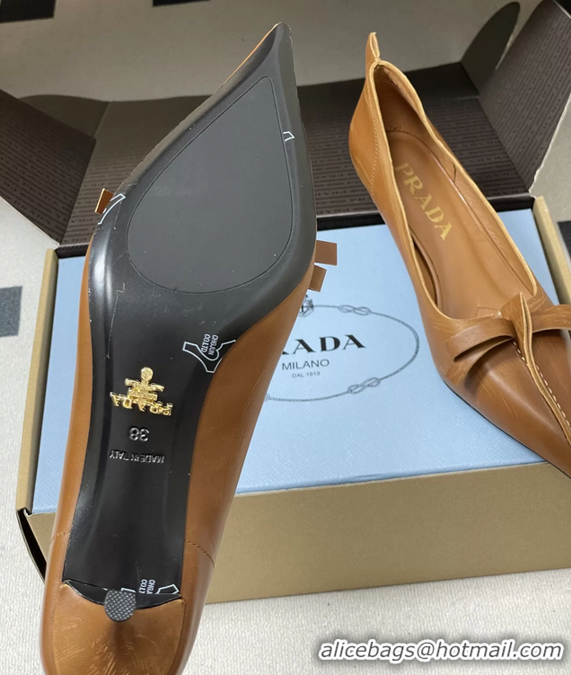 Grade Quality Prada Brown Antiqued Leather Exposed Seam Kitten Heel Pumps 55MM 6050804 Brown