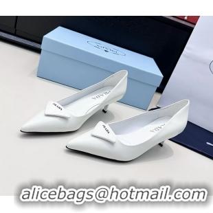 Luxurious Prada Triangle Logo Plaque Leather Pumps White 55MM 6050806 White