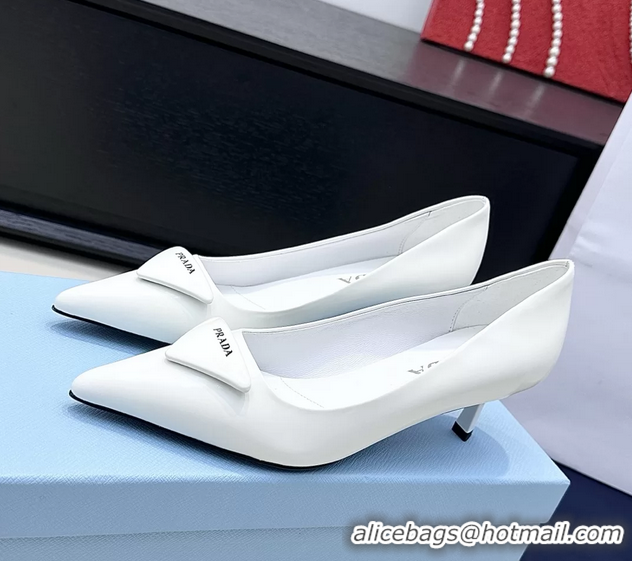 Luxurious Prada Triangle Logo Plaque Leather Pumps White 55MM 6050806 White