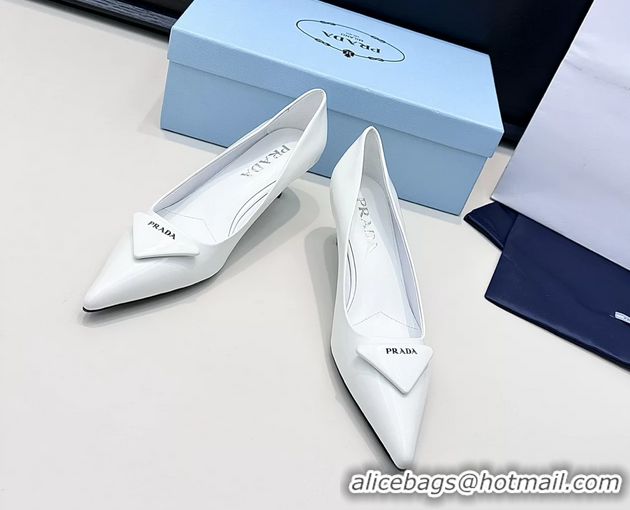 Luxurious Prada Triangle Logo Plaque Leather Pumps White 55MM 6050806 White