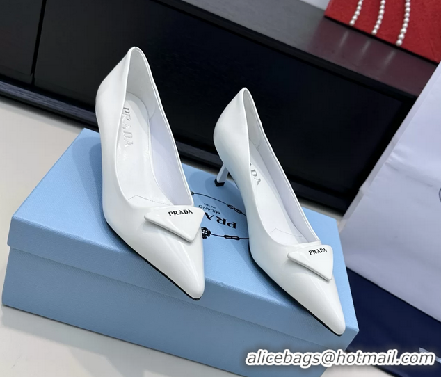 Luxurious Prada Triangle Logo Plaque Leather Pumps White 55MM 6050806 White