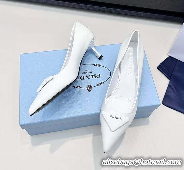 Luxurious Prada Triangle Logo Plaque Leather Pumps White 55MM 6050806 White
