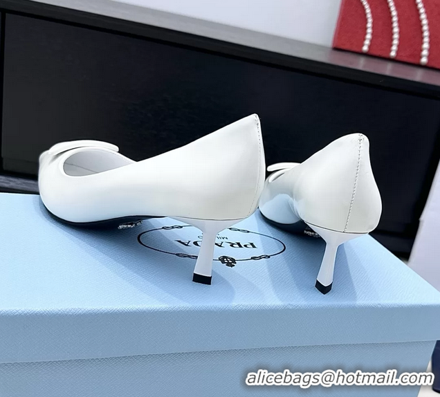 Luxurious Prada Triangle Logo Plaque Leather Pumps White 55MM 6050806 White