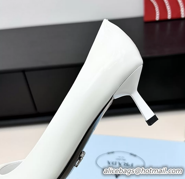 Luxurious Prada Triangle Logo Plaque Leather Pumps White 55MM 6050806 White
