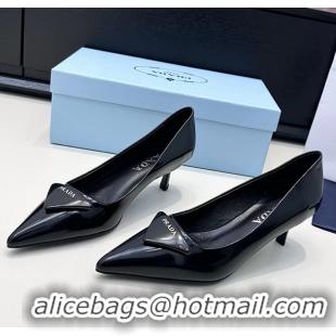 Top Grade Prada Triangle Logo Plaque Leather Pumps Black 55MM 6050806 Black
