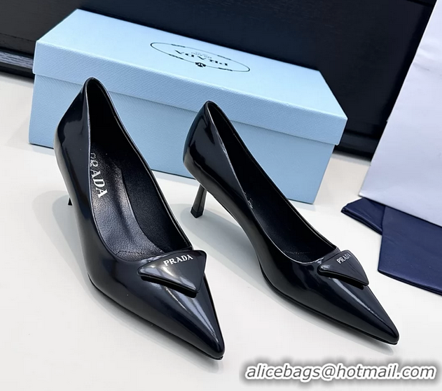 Top Grade Prada Triangle Logo Plaque Leather Pumps Black 55MM 6050806 Black