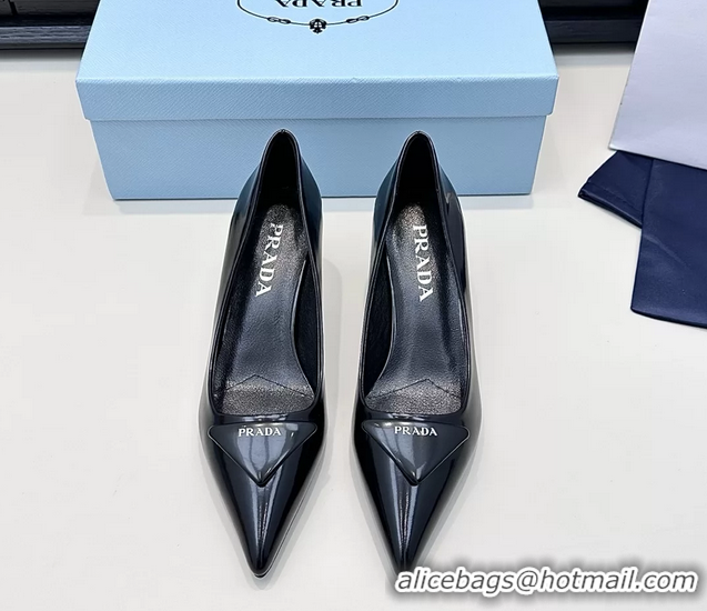 Top Grade Prada Triangle Logo Plaque Leather Pumps Black 55MM 6050806 Black