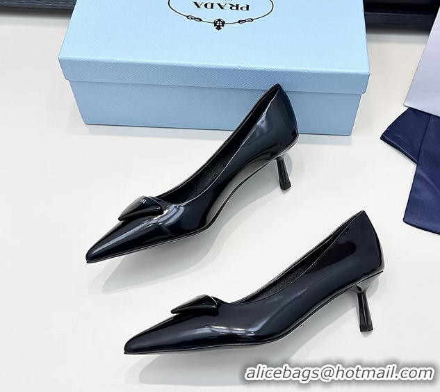 Top Grade Prada Triangle Logo Plaque Leather Pumps Black 55MM 6050806 Black