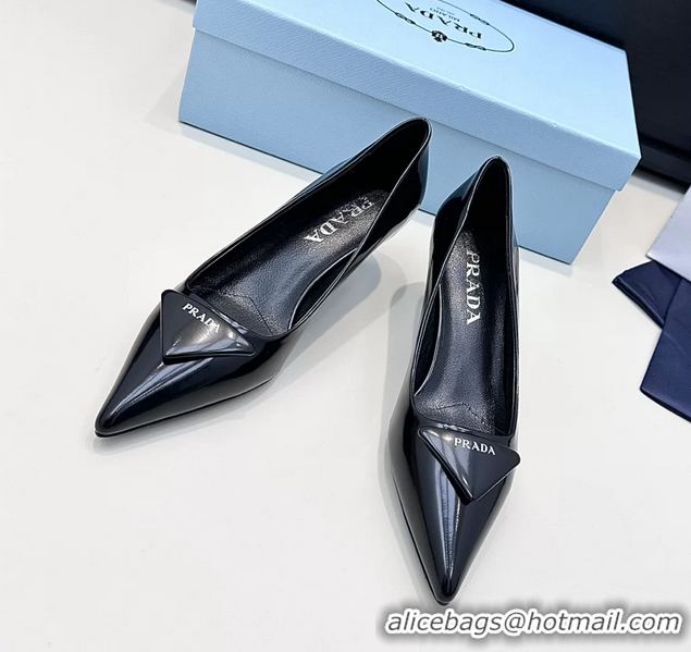 Top Grade Prada Triangle Logo Plaque Leather Pumps Black 55MM 6050806 Black