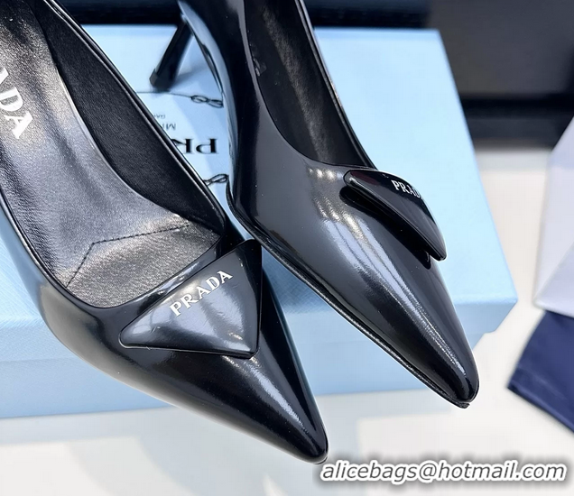 Top Grade Prada Triangle Logo Plaque Leather Pumps Black 55MM 6050806 Black