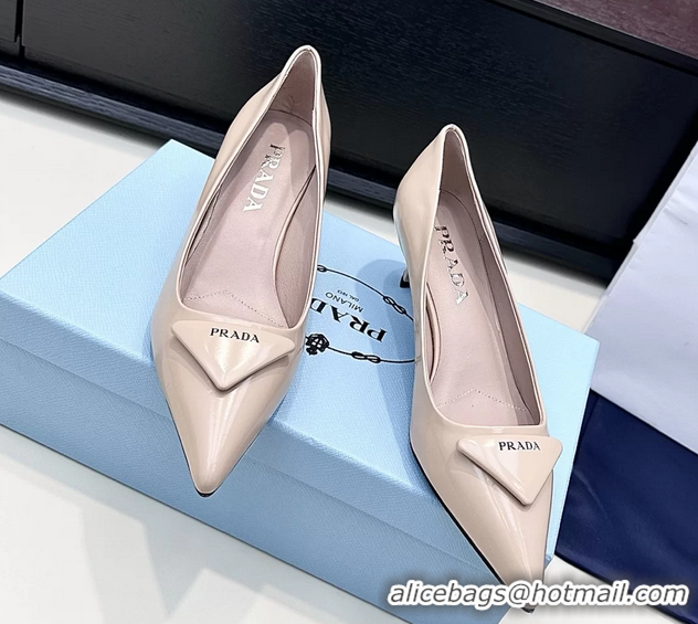 Sophisticated Prada Triangle Logo Plaque Leather Pumps Beige 55MM 6050806 Beige