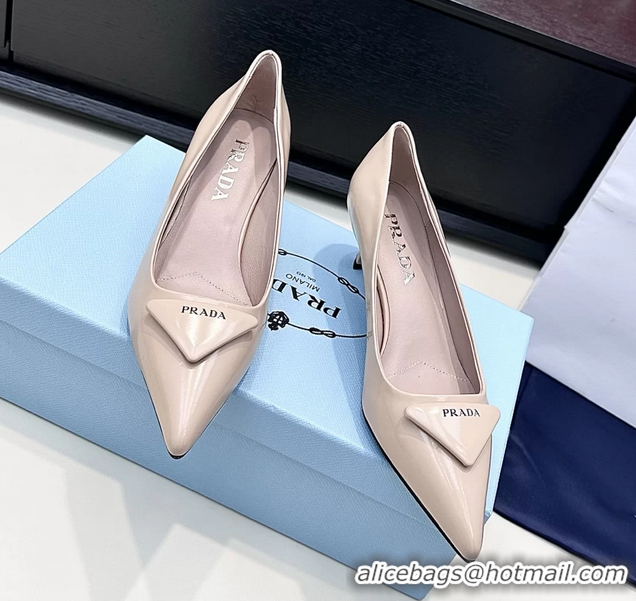 Sophisticated Prada Triangle Logo Plaque Leather Pumps Beige 55MM 6050806 Beige