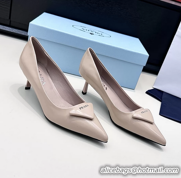 Sophisticated Prada Triangle Logo Plaque Leather Pumps Beige 55MM 6050806 Beige