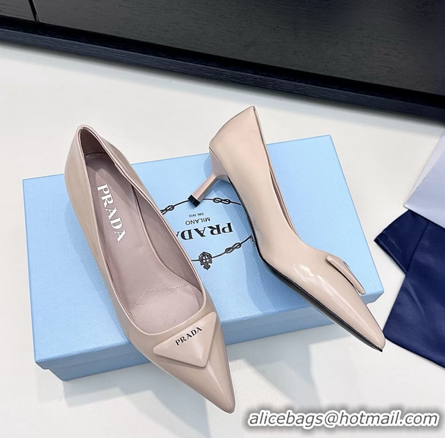 Sophisticated Prada Triangle Logo Plaque Leather Pumps Beige 55MM 6050806 Beige