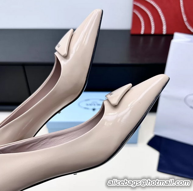 Sophisticated Prada Triangle Logo Plaque Leather Pumps Beige 55MM 6050806 Beige