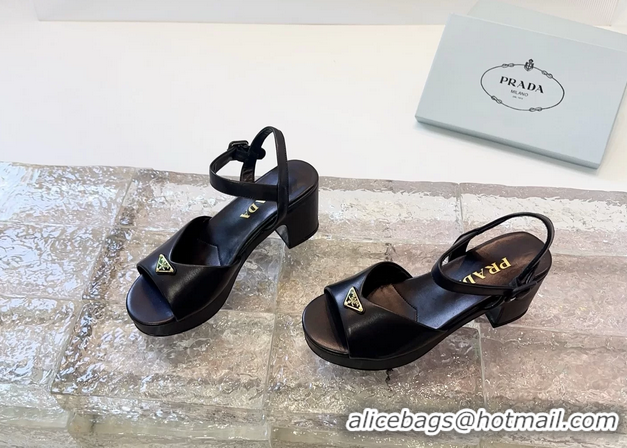 Reasonable Price Prada Triangle Logo Black Suede Leather Platform Sandals 6050807 Black