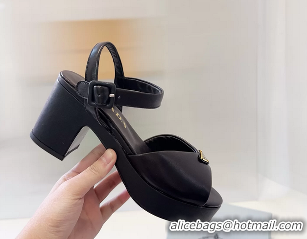 Reasonable Price Prada Triangle Logo Black Suede Leather Platform Sandals 6050807 Black