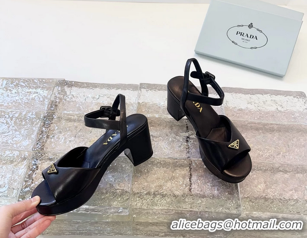 Reasonable Price Prada Triangle Logo Black Suede Leather Platform Sandals 6050807 Black