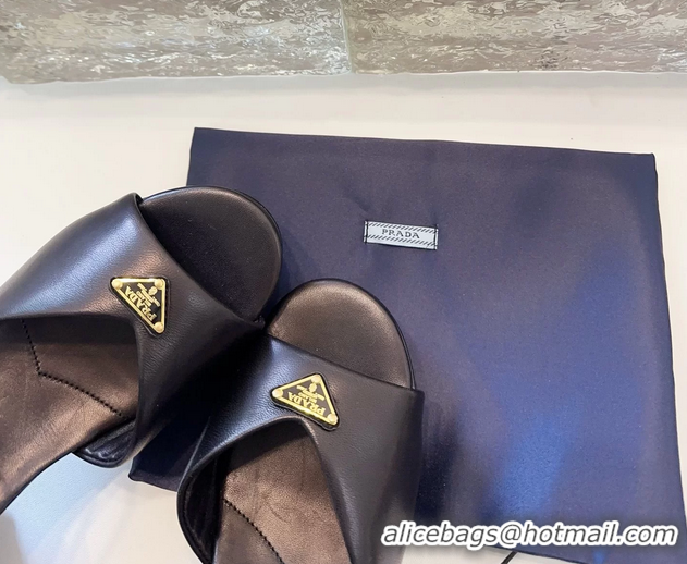 Reasonable Price Prada Triangle Logo Black Suede Leather Platform Sandals 6050807 Black