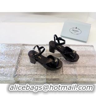 Affordable Price Prada Triangle Logo Black Patent Leather Platform Sandals 6050807 Black