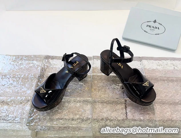 Affordable Price Prada Triangle Logo Black Patent Leather Platform Sandals 6050807 Black