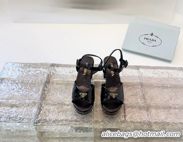 Affordable Price Prada Triangle Logo Black Patent Leather Platform Sandals 6050807 Black