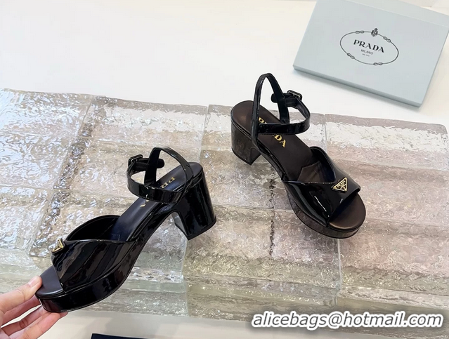 Affordable Price Prada Triangle Logo Black Patent Leather Platform Sandals 6050807 Black