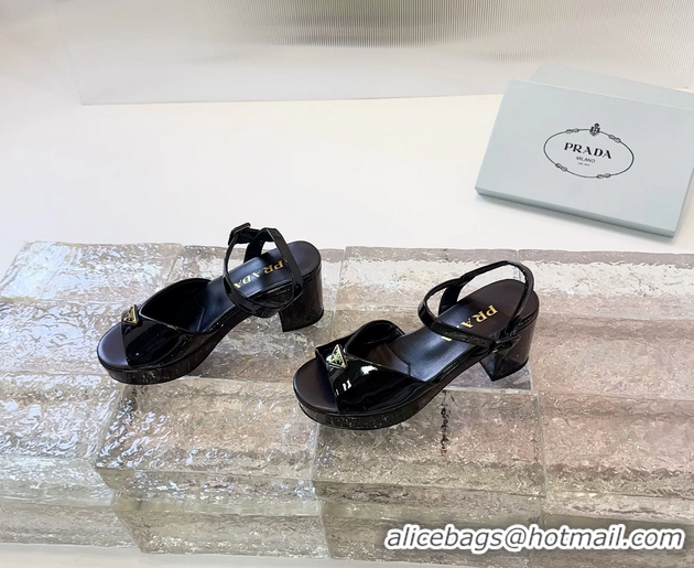 Affordable Price Prada Triangle Logo Black Patent Leather Platform Sandals 6050807 Black