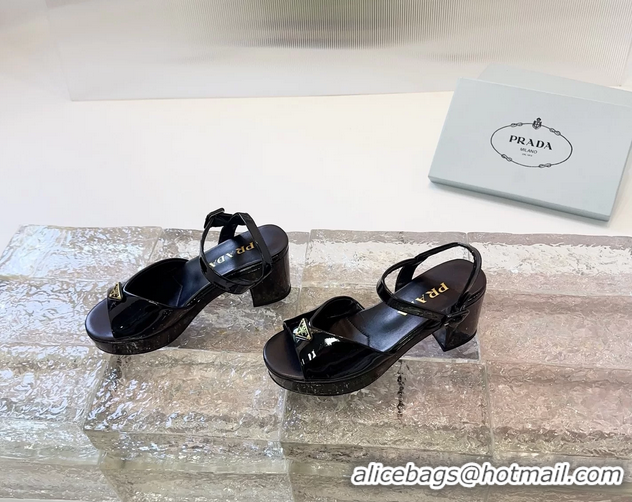 Affordable Price Prada Triangle Logo Black Patent Leather Platform Sandals 6050807 Black