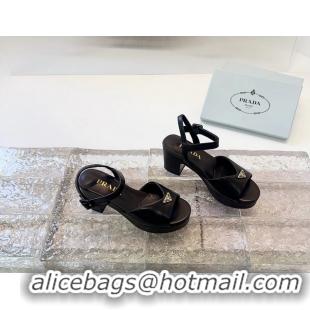 Super Quality Prada Triangle Logo Black Leather Platform Sandals 6050807 Black