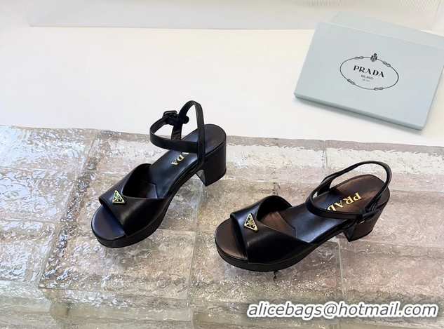 Super Quality Prada Triangle Logo Black Leather Platform Sandals 6050807 Black