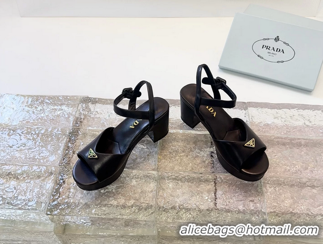 Super Quality Prada Triangle Logo Black Leather Platform Sandals 6050807 Black