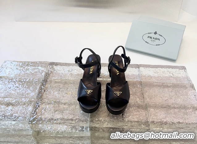 Super Quality Prada Triangle Logo Black Leather Platform Sandals 6050807 Black