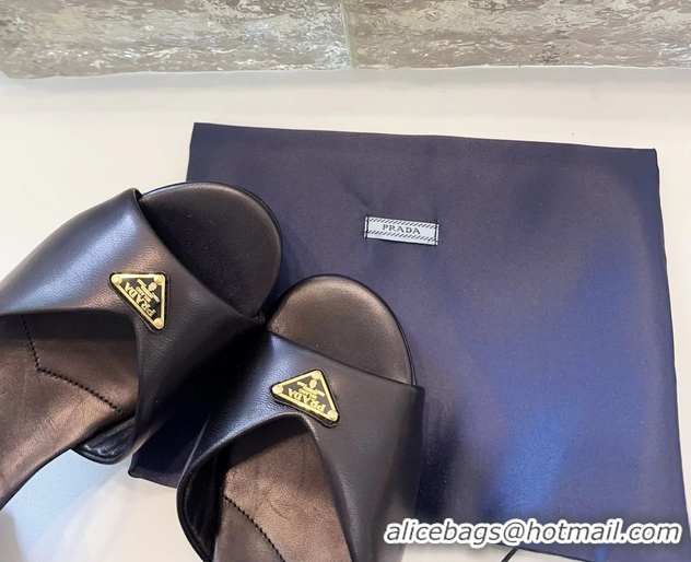 Super Quality Prada Triangle Logo Black Leather Platform Sandals 6050807 Black
