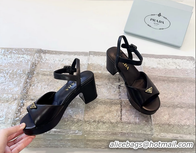 Super Quality Prada Triangle Logo Black Leather Platform Sandals 6050807 Black