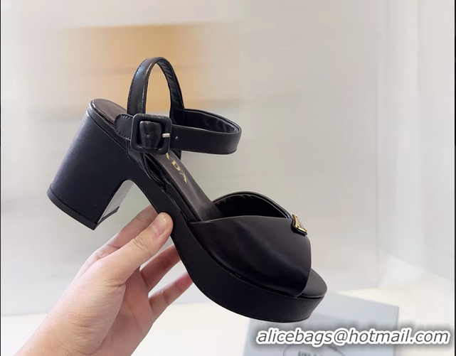 Super Quality Prada Triangle Logo Black Leather Platform Sandals 6050807 Black