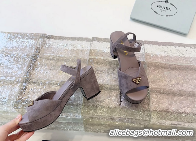 Good Quality Prada Triangle Logo Gray Suede Leather Platform Sandals 6050807 Gray