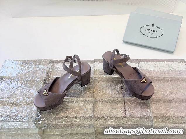 Good Quality Prada Triangle Logo Gray Suede Leather Platform Sandals 6050807 Gray