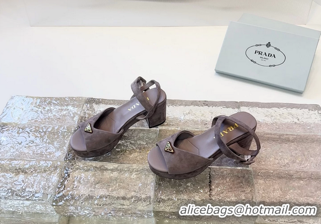 Good Quality Prada Triangle Logo Gray Suede Leather Platform Sandals 6050807 Gray