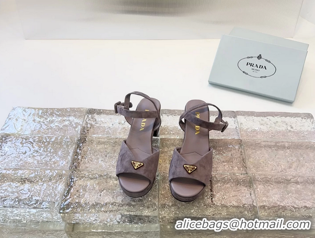 Good Quality Prada Triangle Logo Gray Suede Leather Platform Sandals 6050807 Gray