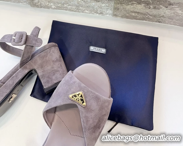 Good Quality Prada Triangle Logo Gray Suede Leather Platform Sandals 6050807 Gray