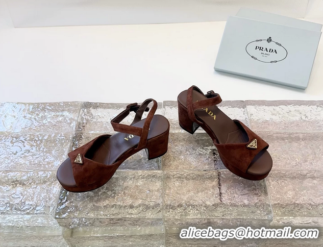 Top Quality Prada Triangle Logo Brown Suede Leather Platform Sandals 6050807 Brown