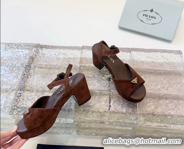Top Quality Prada Triangle Logo Brown Suede Leather Platform Sandals 6050807 Brown