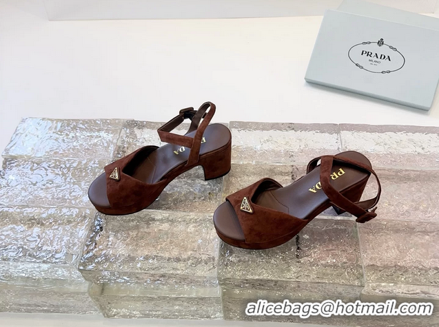 Top Quality Prada Triangle Logo Brown Suede Leather Platform Sandals 6050807 Brown